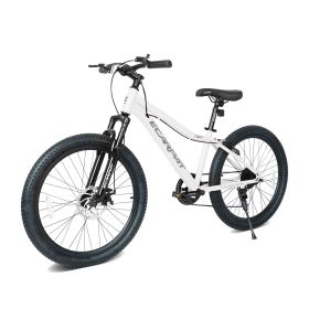 24 Inch Youth Mountain Bike with 7 Speeds & Front Suspension Durable Steel Frame, Alloy Rims & Disc Brakes For Boys and Girls in Multiple Colors (Color: White)