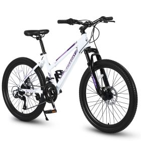 S24103 24 inch Mountain Bike for Teenagers Girls Women, Shimano 21 Speeds with Dual Disc Brakes and 100mm Front Suspension, White/Pink (Color: White)